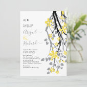 Grauer Zweig mit gelben Blumen Initialen Hochzeit Einladung (Stehend Vorderseite)