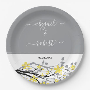 Grauer Zweig mit gelben Blumen, Initialen Hochzeit Pappteller