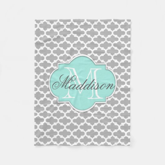 Graues Aqua-elegantes Muster-Monogramm Fleecedecke (Vorderseite)