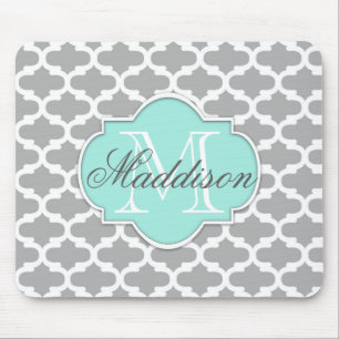 Graues Aqua-elegantes Muster-Monogramm Mousepad