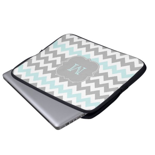 Graues Aqua-Zickzack Monogramm-Laptop-Hülse Laptopschutzhülle (Vorne Knopf)