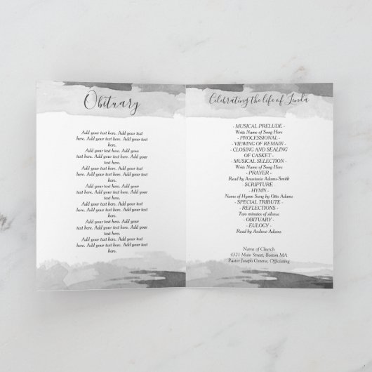 Graues Aquarell-Leben-Feier-Begräbnis-Programm Programm (Innenseite)