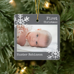 Graues Baby-Erstweihnachtsfoto Keramikornament
