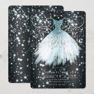 Graues blaues und silbernes Glitterkleid, süße 16- Einladung