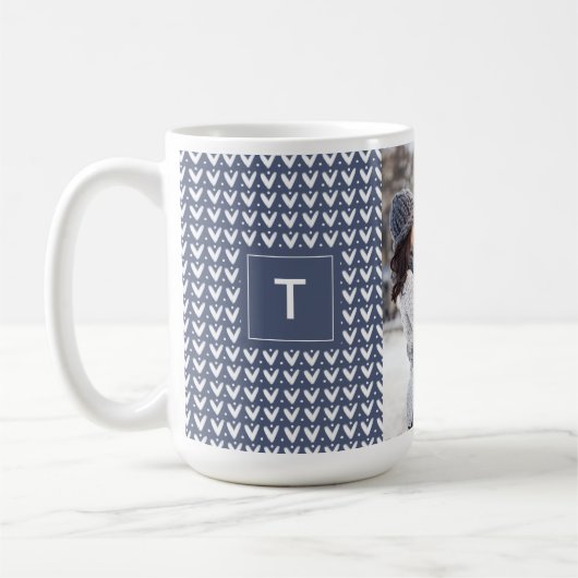 Graues blaues Weihnachtsknitter Monogram-Foto Kaffeetasse (Links)