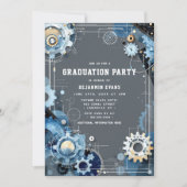 Graues Blue Gears Engineering Abschluss Foto Einladung (Vorderseite)