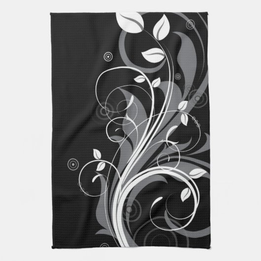 Graues Blumenmuster auf Schwarz Geschirrtuch (Vertikal)