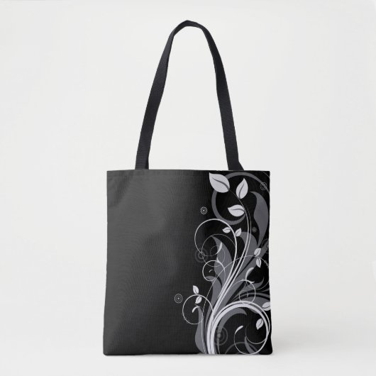 Graues Blumenmuster auf Schwarz Tasche (Vorderseite)