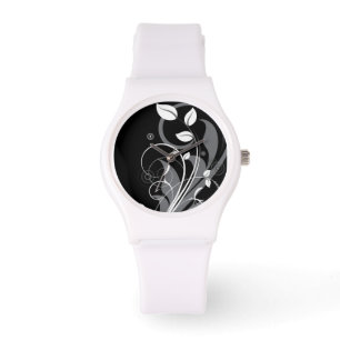 Graues Blumenmuster auf Schwarzem Armbanduhr