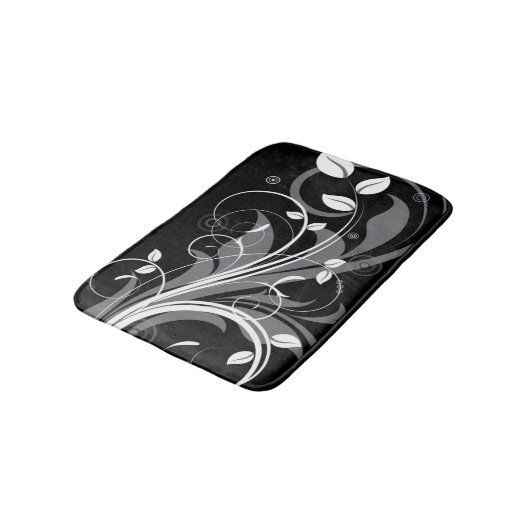 Graues Blumenmuster auf Schwarzem Badematte (Schrägansicht)