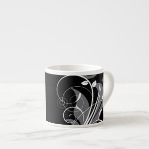 Graues Blumenmuster auf Schwarzem Espressotasse