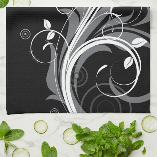 Graues Blumenmuster auf Schwarzem Geschirrtuch (Gefaltet)