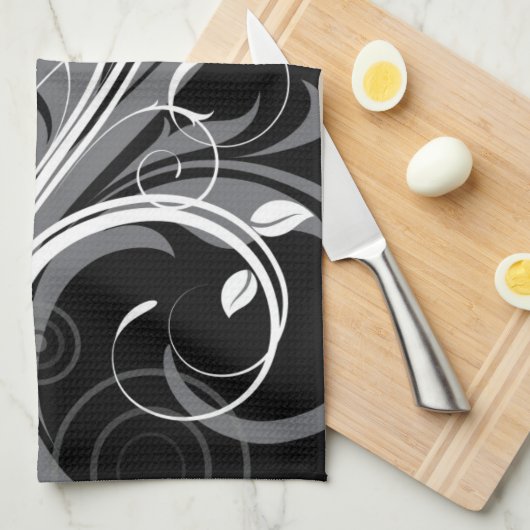 Graues Blumenmuster auf Schwarzem Geschirrtuch (Viertel Falte)