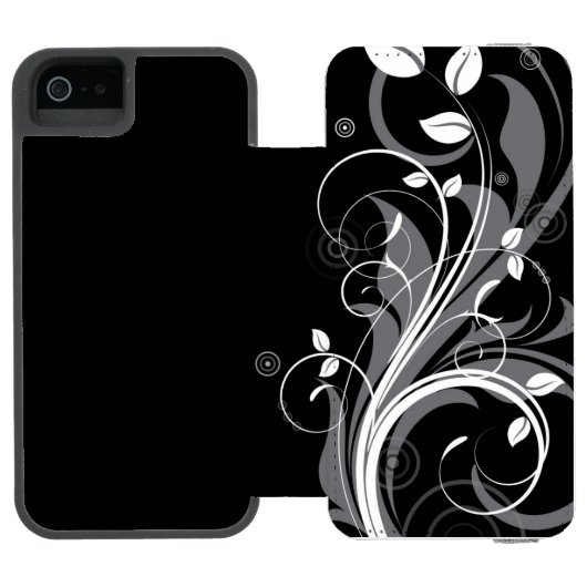 Graues Blumenmuster auf Schwarzem Incipio iPhone Geldbeutel-Hülle (Folio Geöffnet)