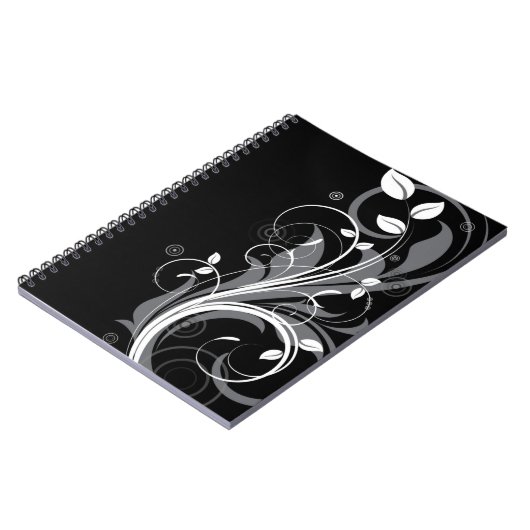 Graues Blumenmuster auf Schwarzem Notizblock (Linke Seite)