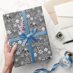 Graues Blumenmuster Retro Sechziger Geschenkpapier