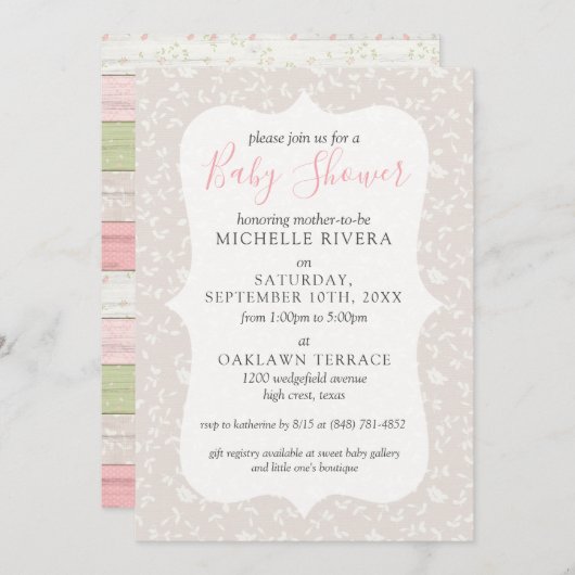 Graues Blumenrosa & Sage Rustikales Country Baby D Einladung (Vorne/Hinten)