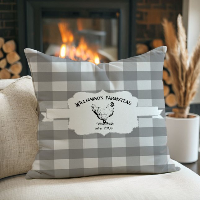 Graues Buffalo Kariertes Hühnergewächshaus Kissen (Gray Buffalo Plaid Farm Chicken Throw Pillow)