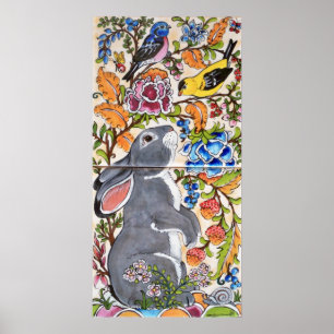 Graues Bunny Rabbit Jacobon Floral Bird Tile Poste Poster