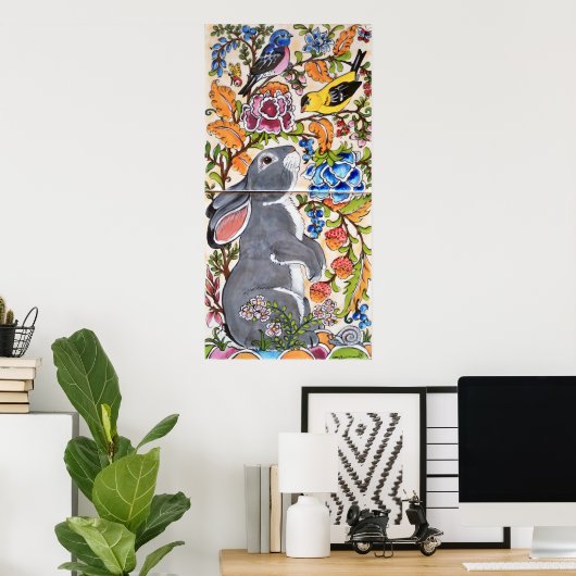 Graues Bunny Rabbit Jacobon Floral Bird Tile Poste Poster (Heimbüro)