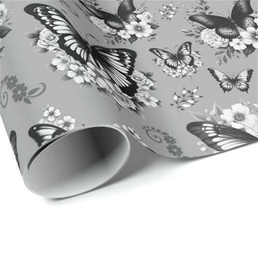Graues Butterfly-Mustergeschenk Geschenkpapier (Rolleneckpunkt)