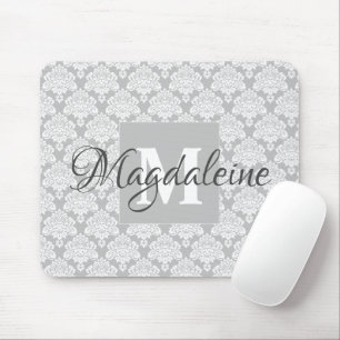Graues Damask-Mauspad mit Monogramm und Name Mousepad