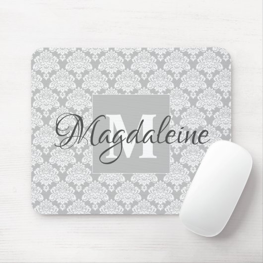 Graues Damask-Mauspad mit Monogramm und Name Mousepad (Mit Mouse)