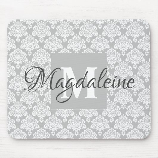 Graues Damask-Mauspad mit Monogramm und Name Mousepad (Vorne)