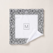 Graues Damastmuster mit weißen, geschmolzenen Ränd Badhandtuch Set (Waschlappen)