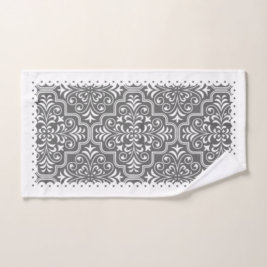 Graues Damastmuster mit weißen, geschmolzenen Ränd Badhandtuch Set (Handtuch)