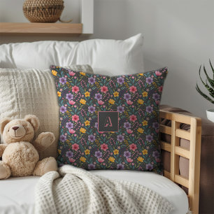 Graues einfaches Wildblumenmuster-Monogramm Kissen