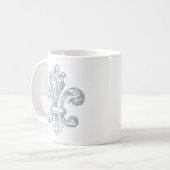 Graues Fleur-de-Lis-Design auf Weiß Kaffeetasse (Vorderseite Links)
