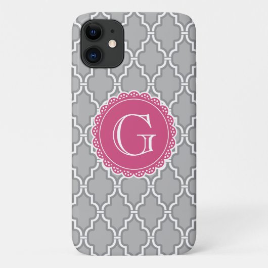 Graues Gitter florrosa Monogramm Case-Mate iPhone Hülle (Rückseite)