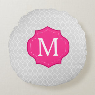 Graues Gitter-Muster-Pink-Monogramm Rundes Kissen