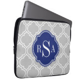 Graues Gittermuster blaues Monogramm Laptopschutzhülle (Vorne Rechts)