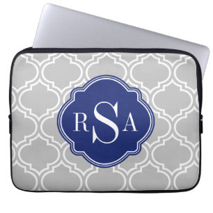 Graues Gittermuster blaues Monogramm Laptopschutzhülle