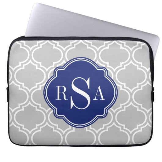 Graues Gittermuster blaues Monogramm Laptopschutzhülle (Vorderseite)