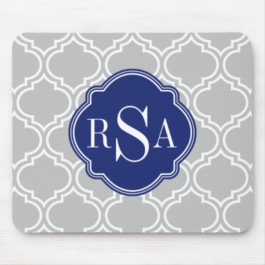 Graues Gittermuster blaues Monogramm Mousepad (Vorne)