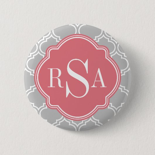 Graues Gittermuster Pink Monogramm Button (Vorderseite)