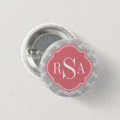 Graues Gittermuster Pink Monogramm Button (Vorne & Hinten)