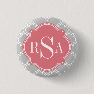 Graues Gittermuster Pink Monogramm Button