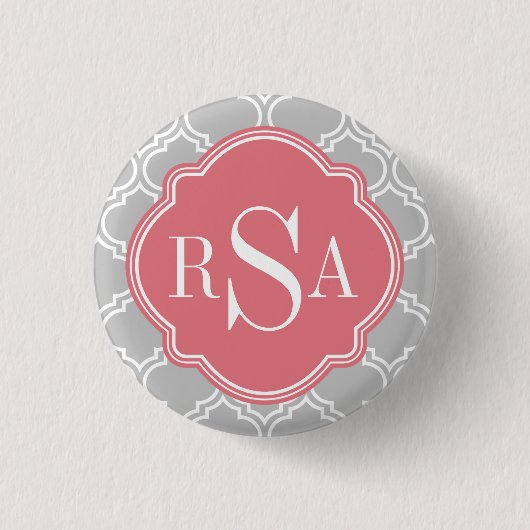 Graues Gittermuster Pink Monogramm Button (Vorderseite)