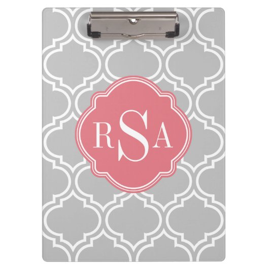 Graues Gittermuster Pink Monogramm Klemmbrett (Vorderseite)