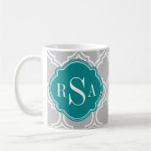 Graues Gittermuster Smaragdmonogramm Kaffeetasse (Links)