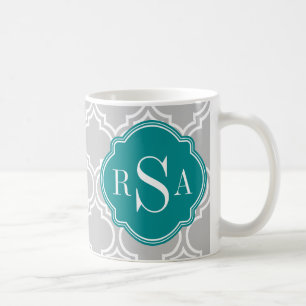 Graues Gittermuster Smaragdmonogramm Kaffeetasse