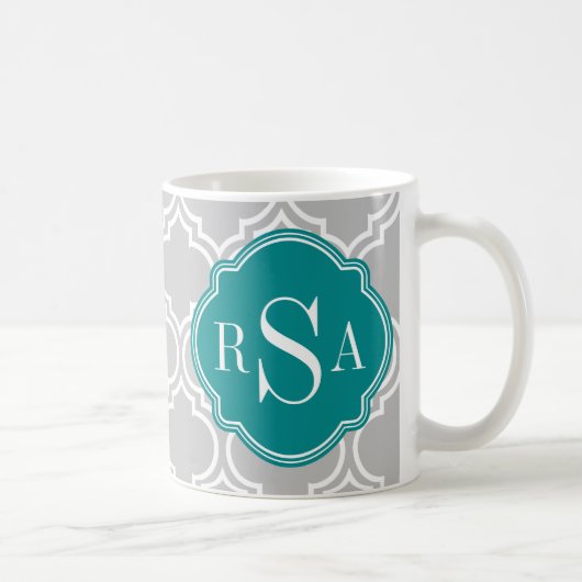 Graues Gittermuster Smaragdmonogramm Kaffeetasse (Rechts)