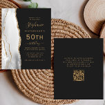 Graues Gold Agate Dark QR Code 50. Geburtstag<br><div class="desc">Die links Kulisse dieses eleganten,  modernen 50. Geburtstagsfeiers besticht durch eine grau-weiße Aquarellwand,  die mit vergoldetem Imitat-Glitzer besticht. Der anpassbare Text kombiniert goldfarbene Handschrift,  Copperplate und kursiv Schriftart auf schwarzem Schieferboden. Fügen Sie auf der Kartenrückseite UAWG Anweisungen hinzu,  und Sie können einen QR-Code scannen,  um online zu antworten.</div>