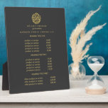 Graues Gold-Blätter-Logo | Preise für Wellness-Cen Fotoplatte<br><div class="desc">Elegantes Design zeigt Ihre Dienstleistungen, Preislisten oder Geschäftsinformationen unter einem Kreis von Zweigniederlassungen und Blätter in Imitaten Goldfolie und Ihren Namen oder Firmennamen. Enthält drei individuell anpassbare Überschriften und Textfelder. Um das Layout anzupassen, geben Sie Ihren Text ein und ändern Sie mithilfe der Funktion Anpassen die Positionierung und die Größe...</div>