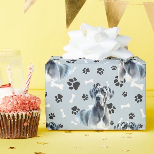 Graues Großes Dan Dog Portrait Paw Print Pattern Geschenkpapier (Geburtstagsparty)