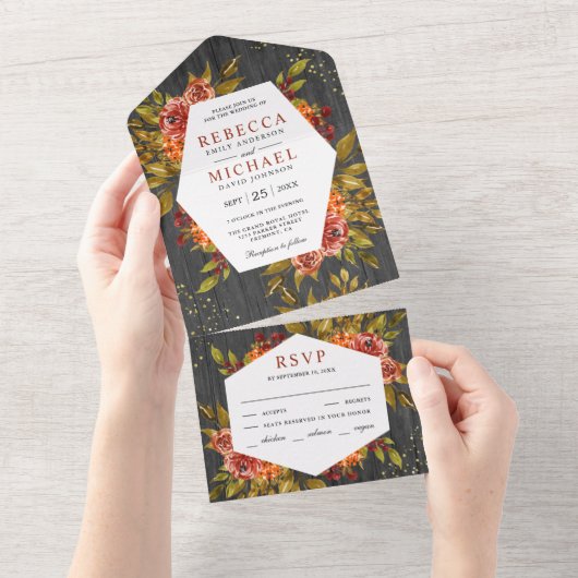 Graues Holz Burnt Orange Herbst Herbsthochzeit All In One Einladung (Abreißen)